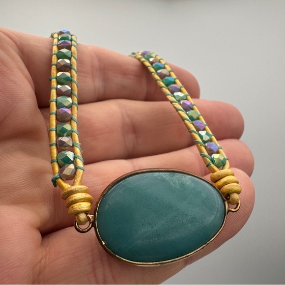 Boho Leather Beaded Necklace w/ Teal Gemstone Pendant 20-22” - Picture 1 of 9